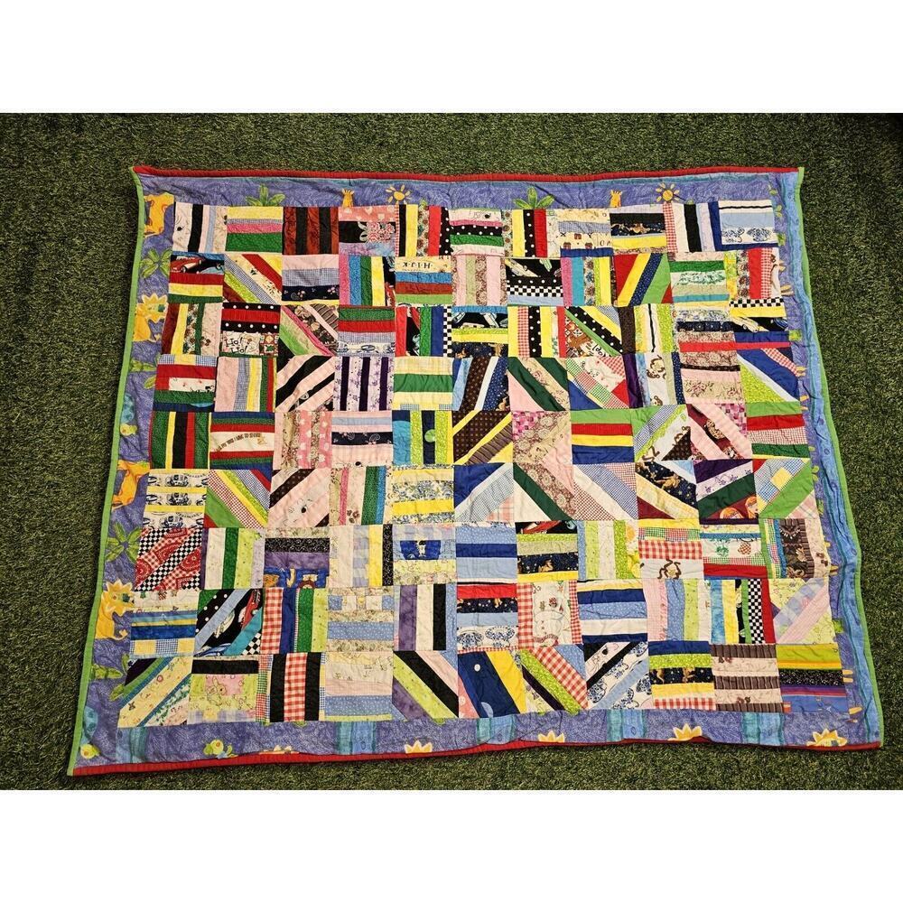 Vintage Handmade Scrappy Crazy Quilt Disney Mickey Mouse Characters 56" X 45"